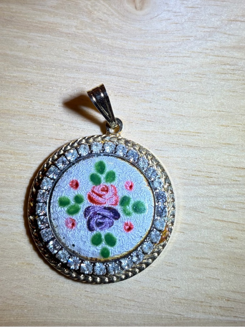 Vintage Guilloche Floral Enamel Pendant Necklace - Gold Tone